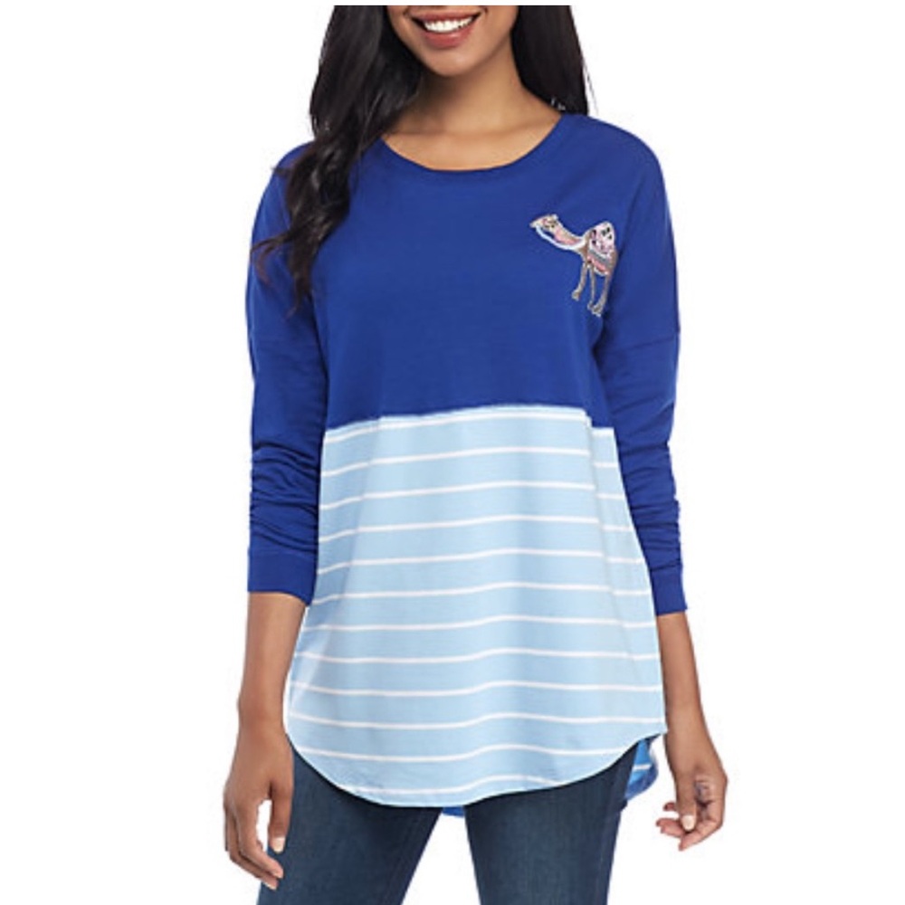 NWT‎ Crown & Ivy Camel Embroidered top blouse stripe Large